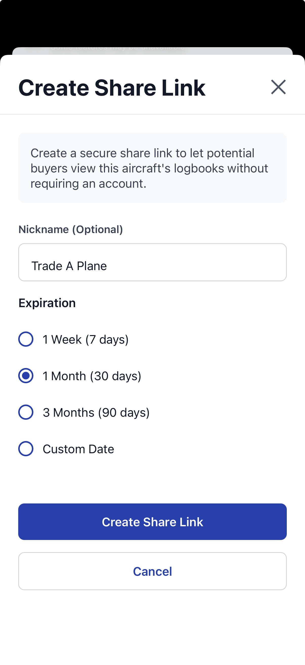 Airworthy share link creation screen