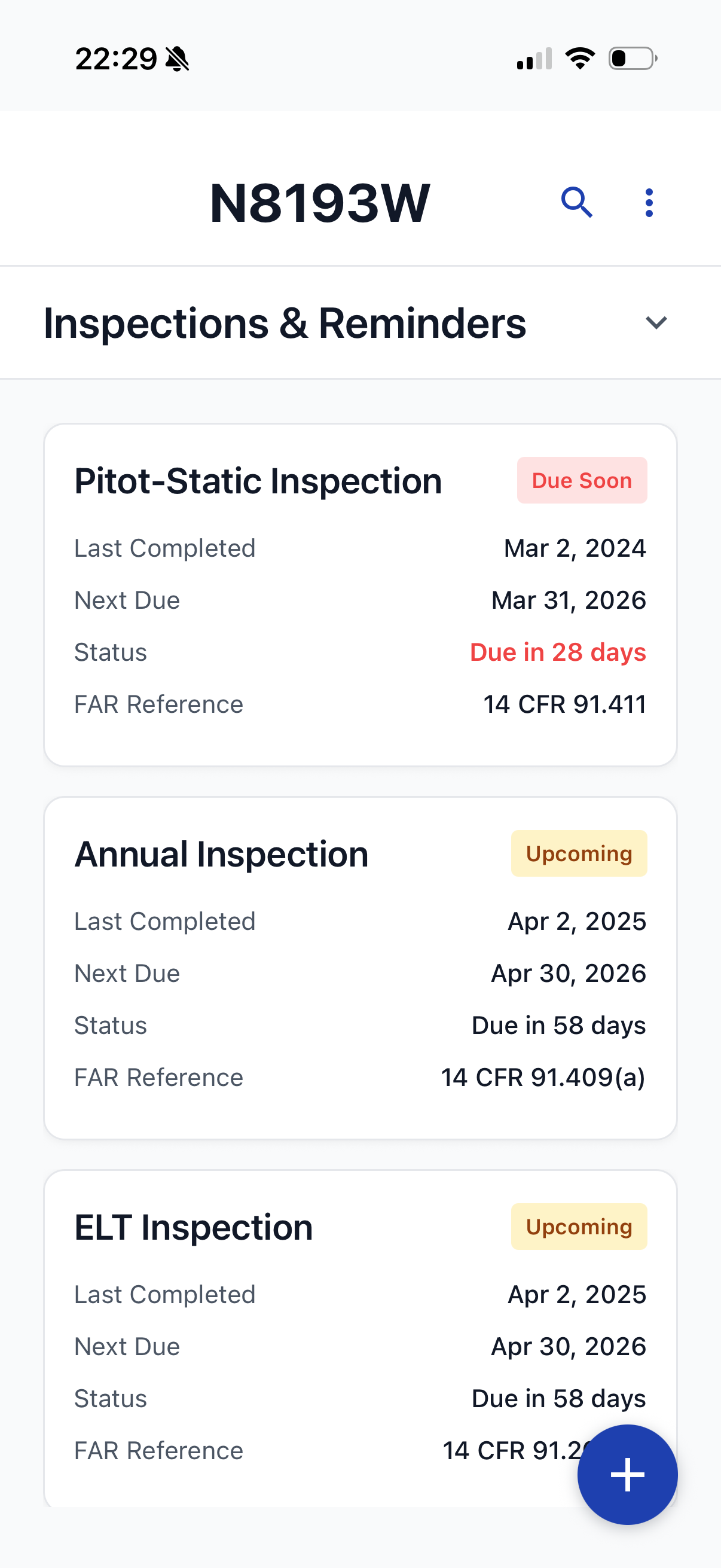 Airworthy inspections screen showing annual, ELT, transponder status cards with days remaining