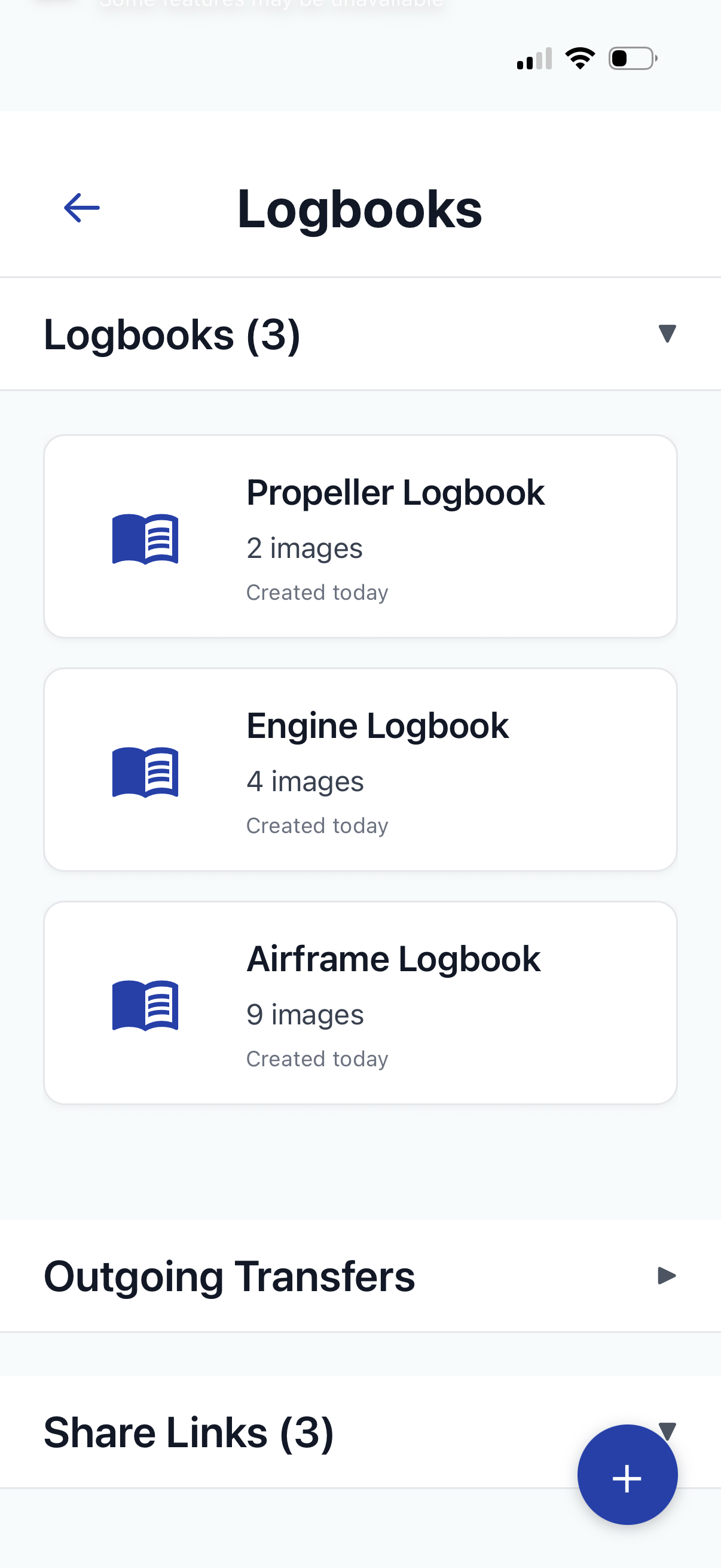 Airworthy app showing organized logbook categories for Propeller, Engine, and Airframe