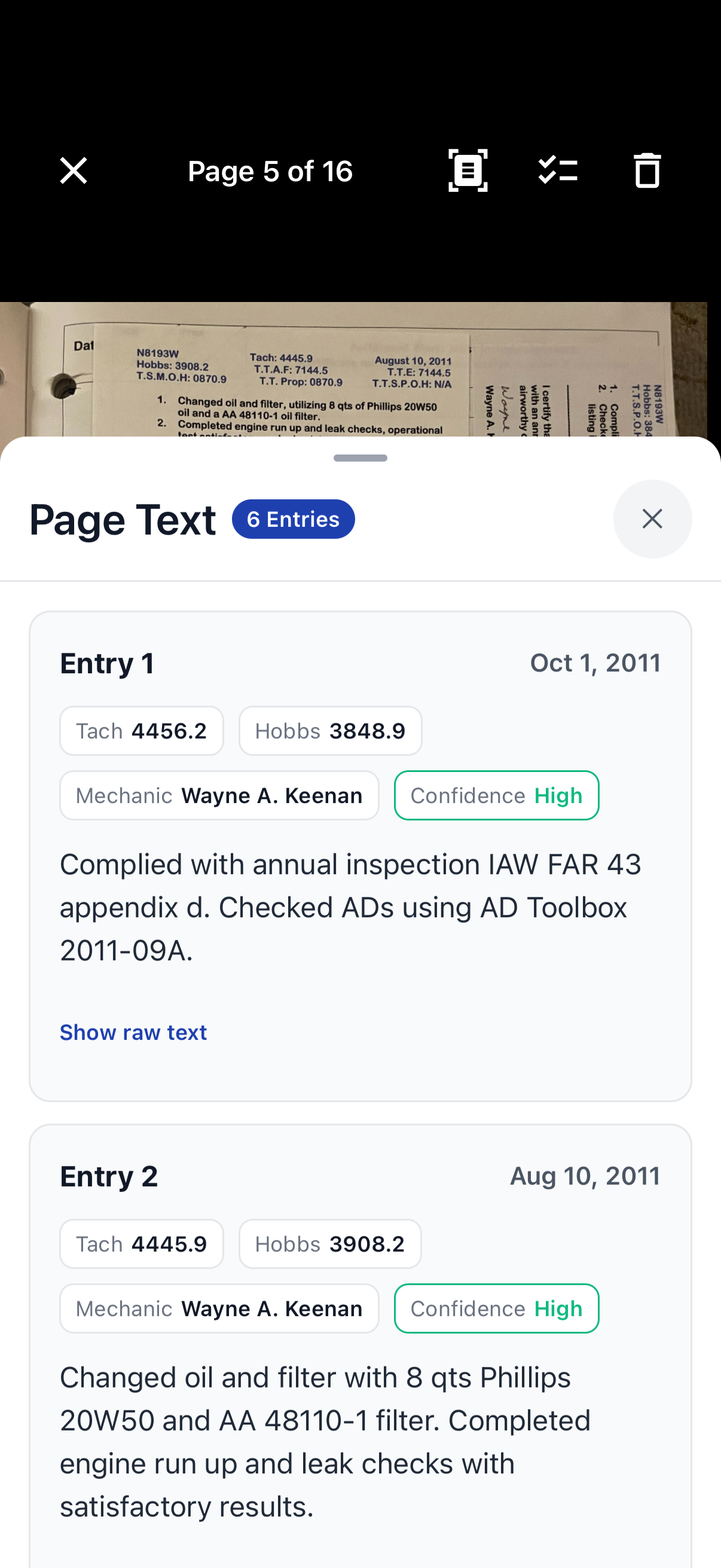 Airworthy app showing OCR text extraction with tach time, hobbs time, and entry date extracted from a logbook page