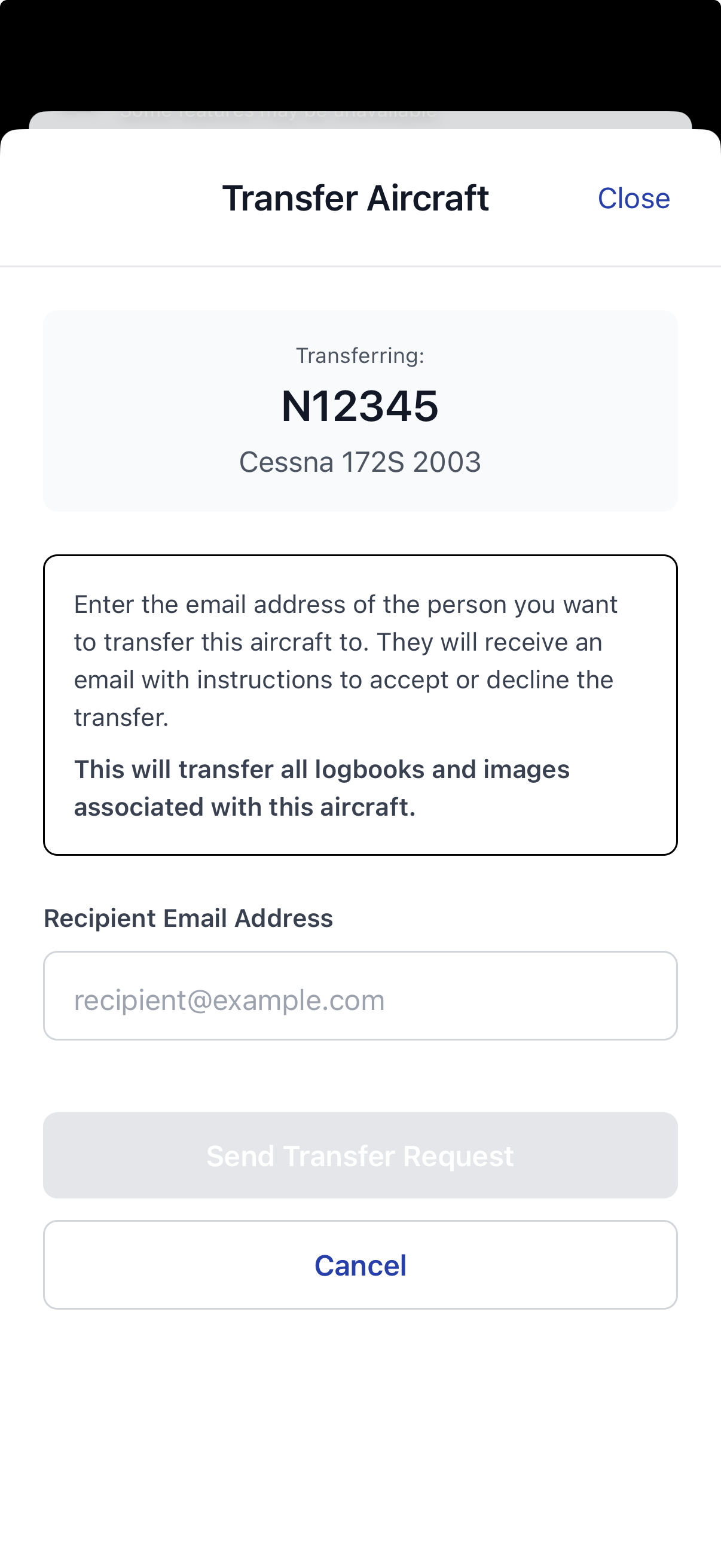 Airworthy app Transfer Aircraft screen showing tail number and recipient email entry